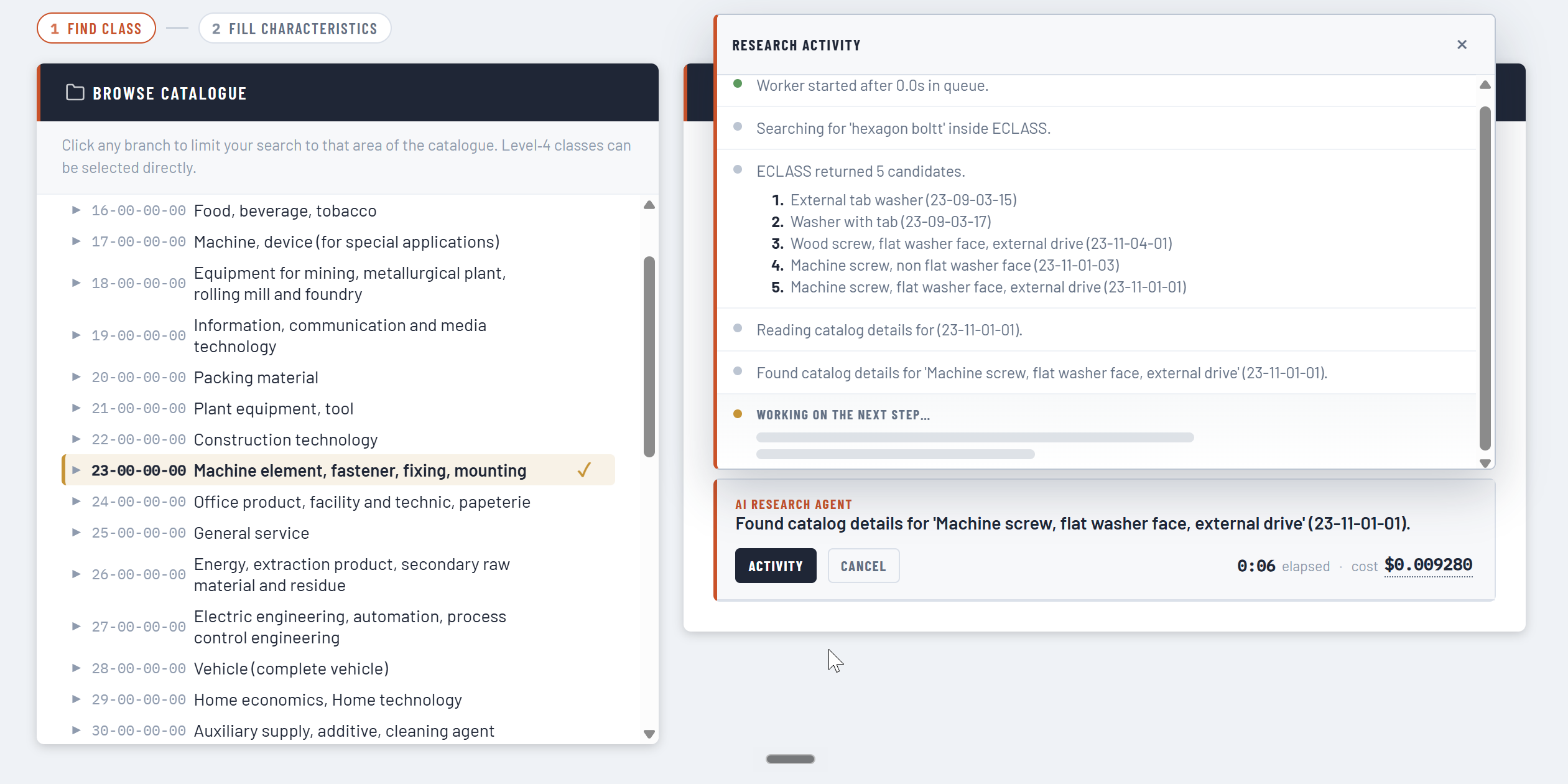 ECLASS catalogue browser beside the live AI research activity panel while the agent investigates candidate classes